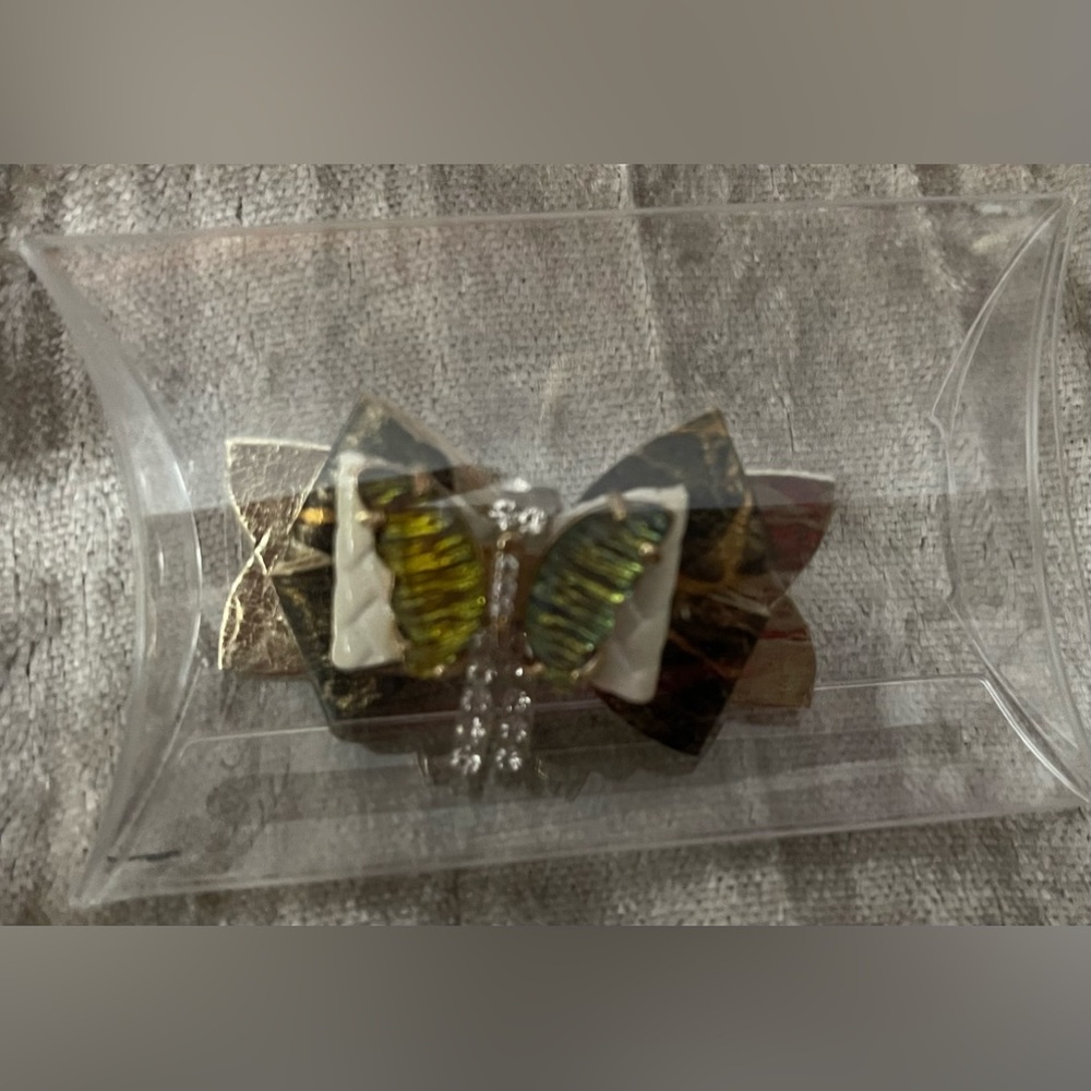 Gold & White Hair Bow, Rhinestone Butterfly, Children & Pets, New